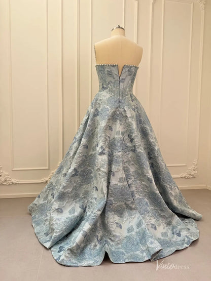 Floral Jacquard Prom Dresses with Strapless Corset Bodice JC015-prom dresses 2026-Viniodress-Dusty Blue-Custom Size – Add Measurements in Cart-