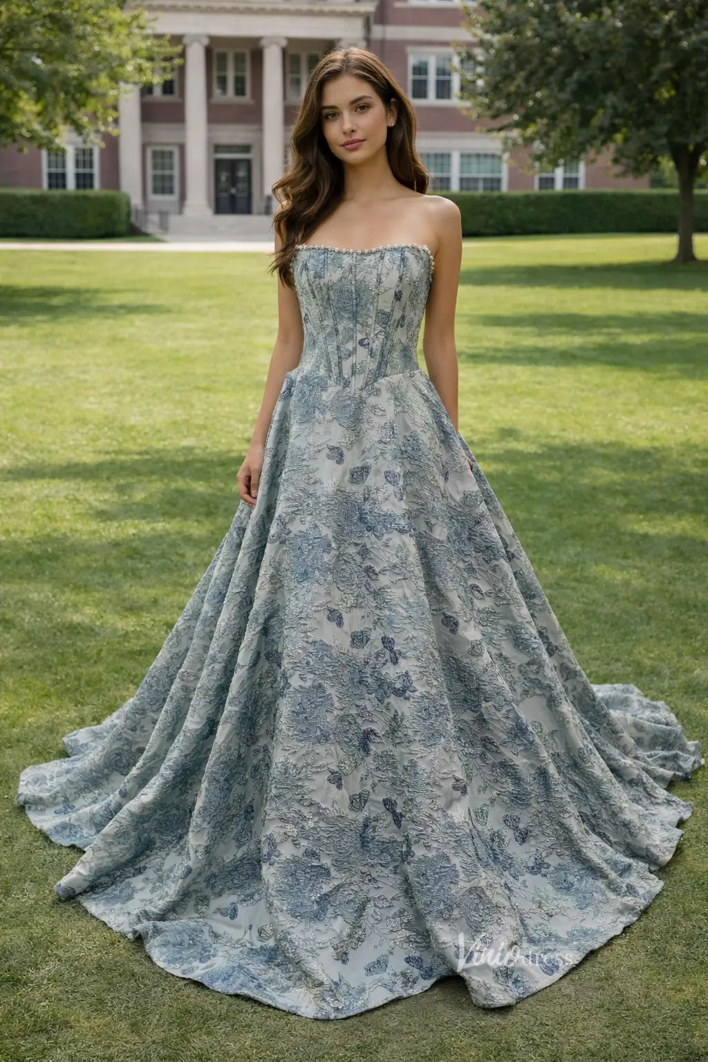 Floral Jacquard Prom Dresses with Strapless Corset Bodice JC015-prom dresses 2026-Viniodress-Dusty Blue-Custom Size – Add Measurements in Cart-