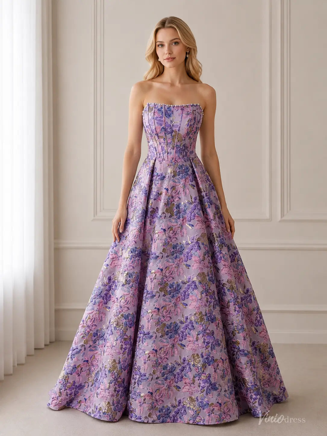 Floral Jacquard Prom Dresses with Strapless Corset Bodice JC015-prom dresses 2026-Viniodress-Lavender-Custom Size – Add Measurements in Cart-