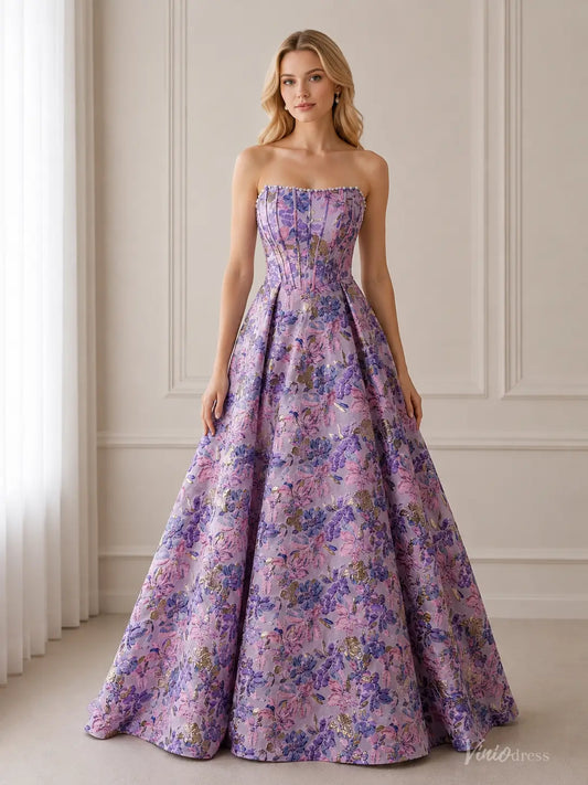 Floral Jacquard Prom Dresses with Strapless Corset Bodice JC015-prom dresses 2026-Viniodress-Lavender-Custom Size – Add Measurements in Cart-