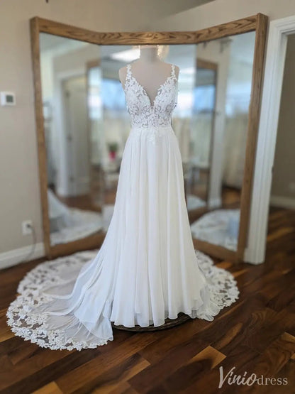 Floral Lace A-Line Chiffon Wedding Dress with Sheer Back and Chapel Train – VW2545-wedding dresses 2025 -Viniodress-Off White-Custom Size-