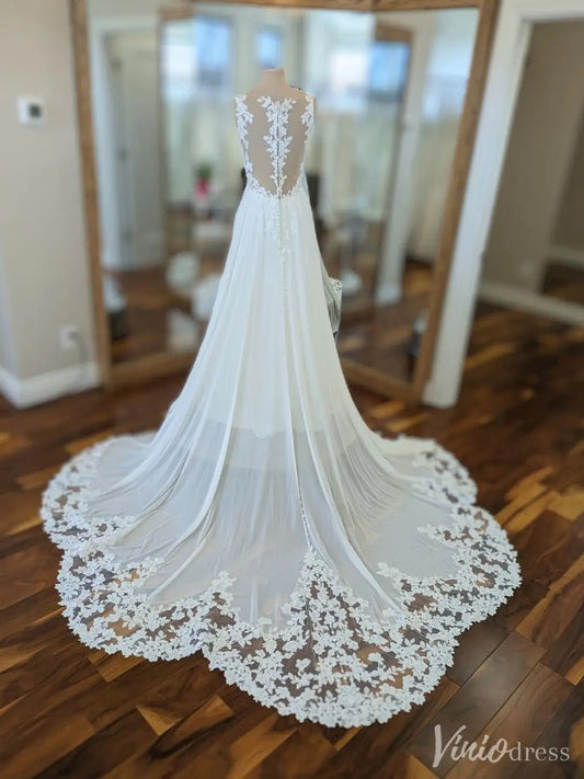 Floral Lace A-Line Chiffon Wedding Dress with Sheer Back and Chapel Train – VW2545-wedding dresses 2025 -Viniodress-Off White-Custom Size-