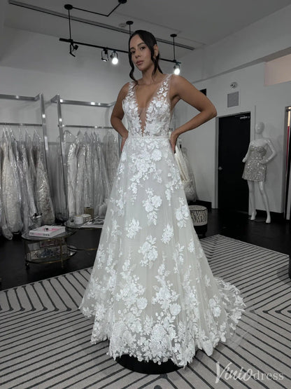 Floral Lace A-Line Wedding Dress with Deep V-Neck and Sheer Tulle Back – VW2510-wedding dresses 2025 -Viniodress-White-Custom Size-