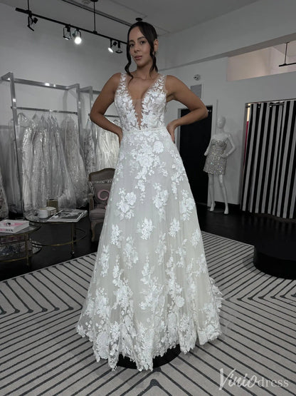 Floral Lace A-Line Wedding Dress with Deep V-Neck and Sheer Tulle Back – VW2510-wedding dresses 2025 -Viniodress-White-Custom Size-