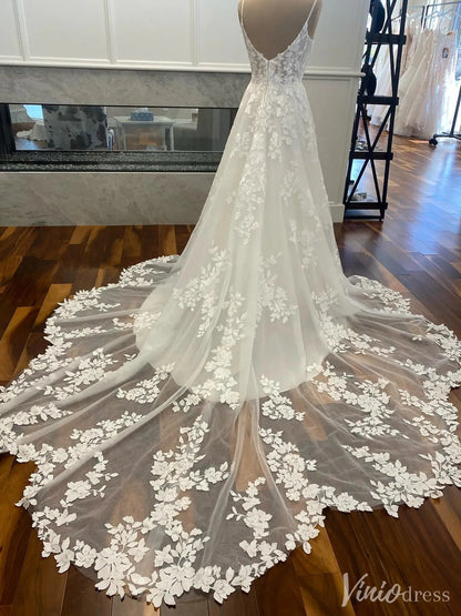 Floral Lace A-Line Wedding Dress with Sheer Train and Spaghetti Straps – VW2572-wedding dresses 2025 -Viniodress-Ivory-Custom Size-