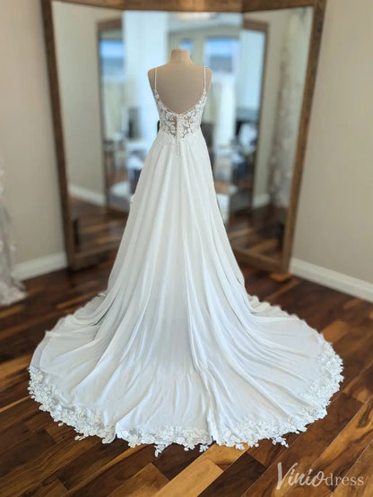 Floral Lace Appliqué Wedding Dress with Illusion Bodice & Chapel Train – VW2532-wedding dresses 2025 -Viniodress-White-Custom Size-