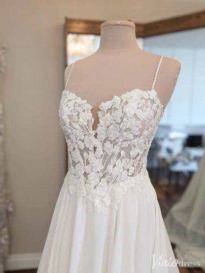 Floral Lace Appliqué Wedding Dress with Illusion Bodice & Chapel Train – VW2532-wedding dresses 2025 -Viniodress-White-Custom Size-