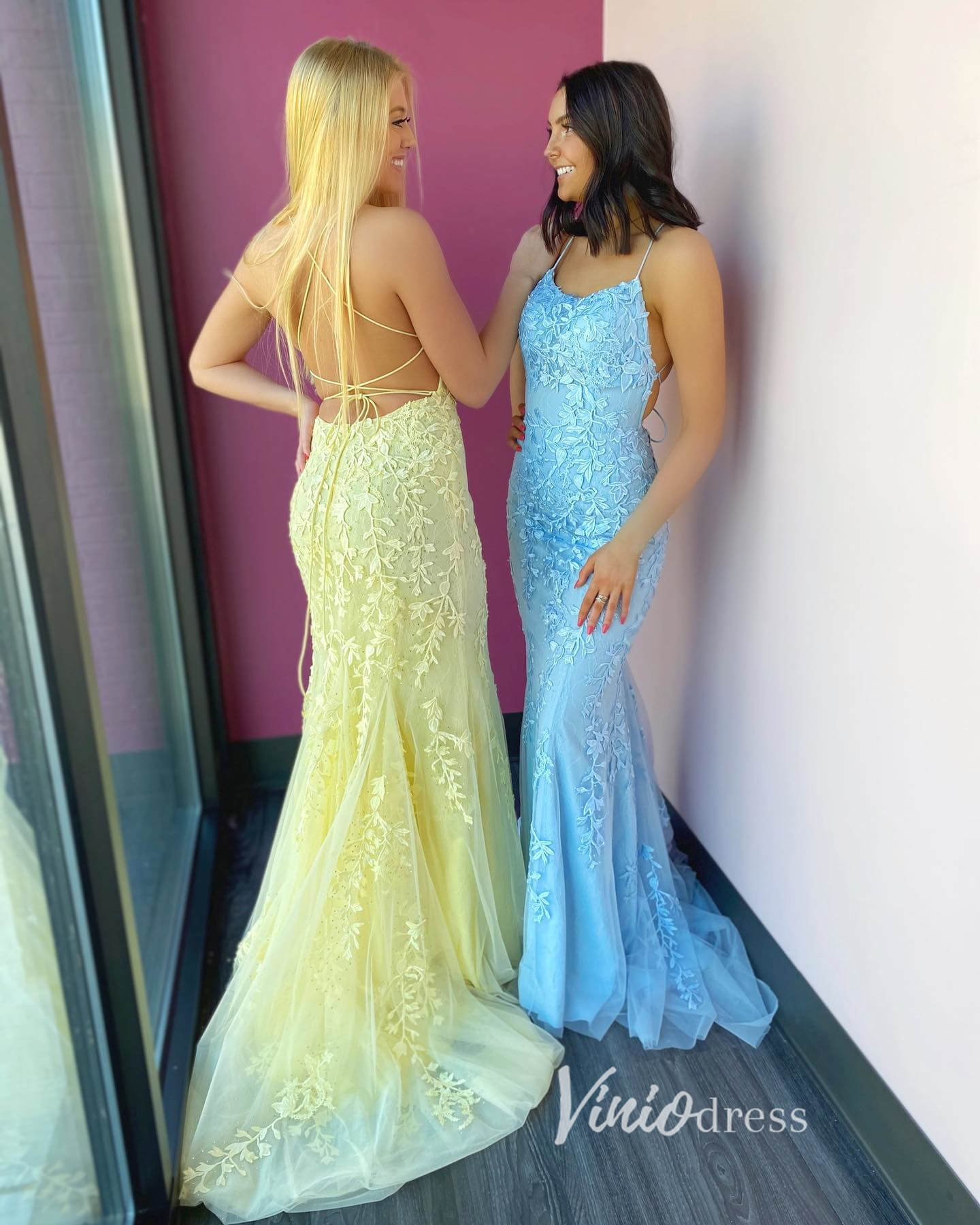 Hot Pink Lace Mermaid Prom Dresses Spaghetti Strap Evening Dress FD1250-prom dresses 2025 -Viniodress-Hot Pink-Custom Size-