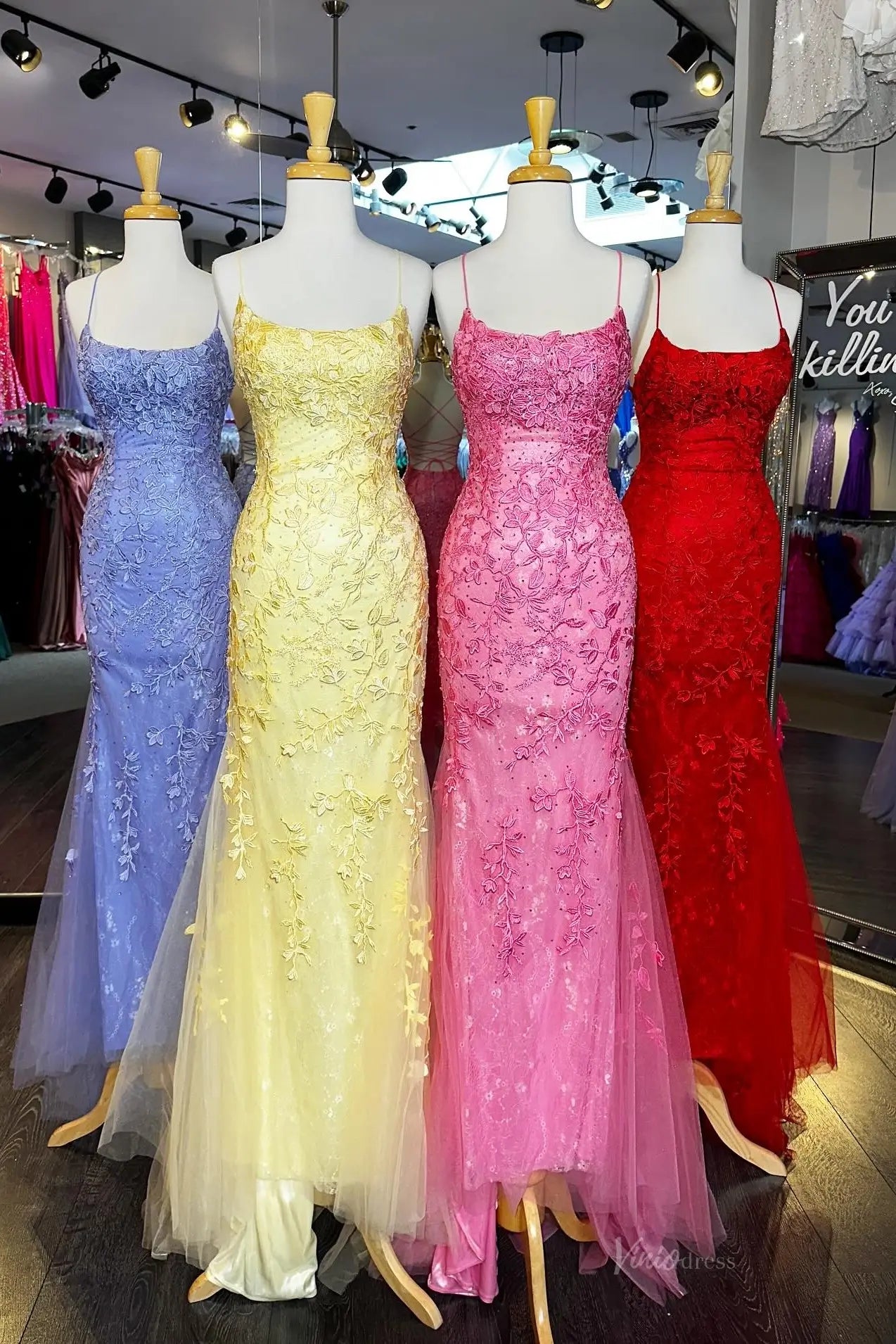 Floral Lace Appliqued Mermaid Prom Dresses Spaghetti Strap Evening Dress FD1250-prom dresses 2026-Viniodress-Hot Pink-Custom Size – Add Measurements in Cart-