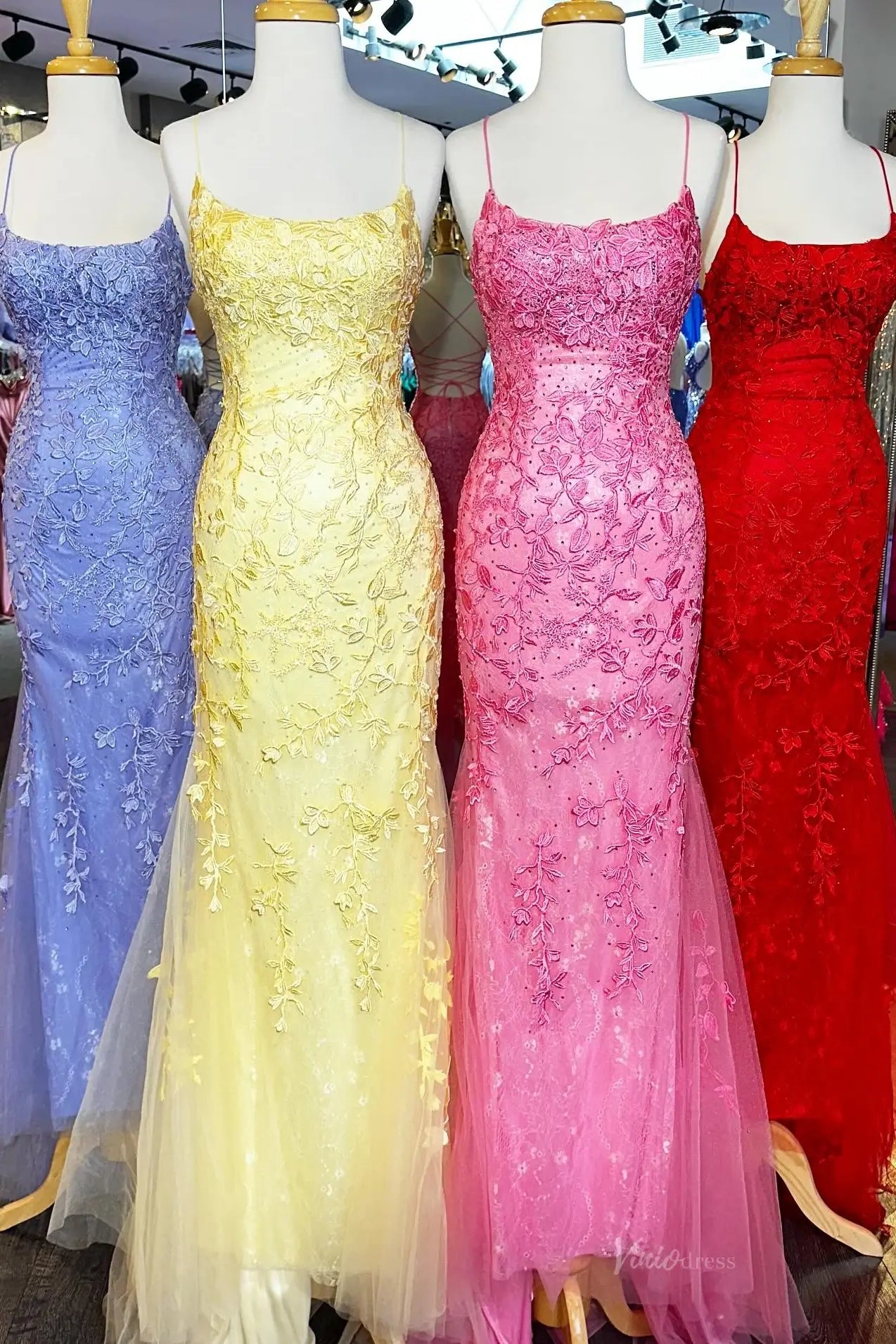 Floral Lace Appliqued Mermaid Prom Dresses Spaghetti Strap Evening Dress FD1250-prom dresses 2026-Viniodress-Hot Pink-Custom Size – Add Measurements in Cart-