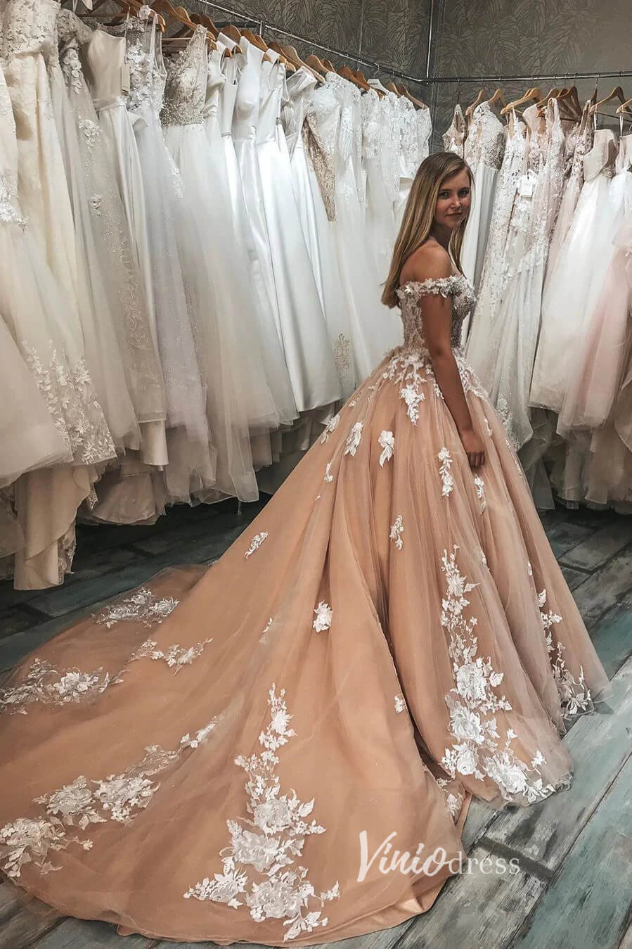 Floral Lace Appliqued Nude Ball Gown Wedding Dresses Off Shoulder VW2192-wedding dresses-Viniodress-Viniodress