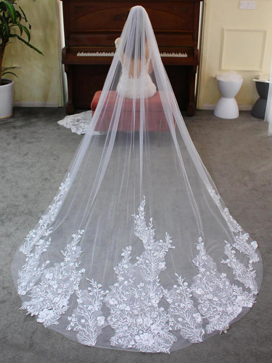 Floral Lace Cathedral Veil for Bride Viniodress V688-Bridal Veil 2025 -Viniodress-Ivory-