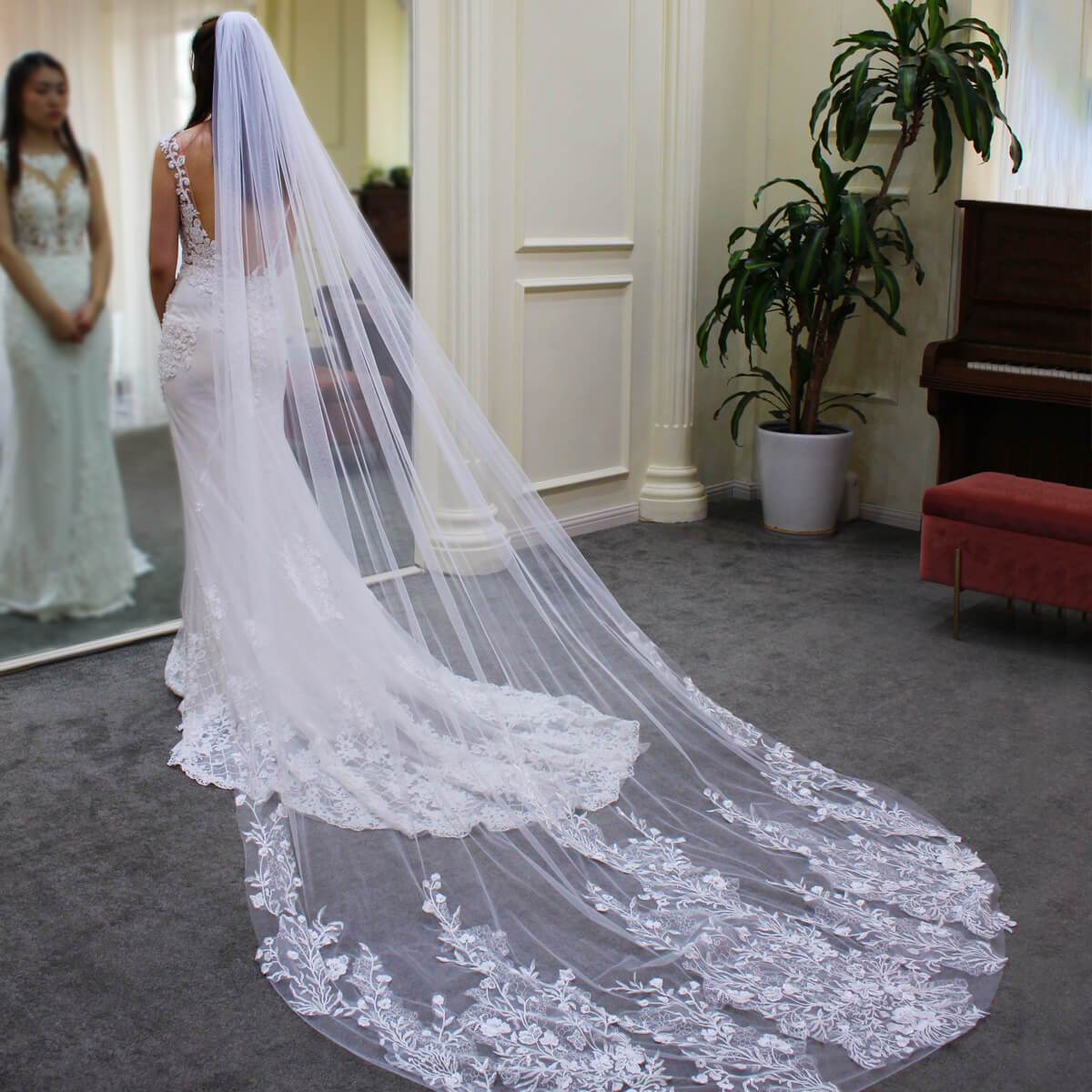 Floral Lace Cathedral Veil for Bride Viniodress V688-Bridal Veil 2025 -Viniodress-Ivory-