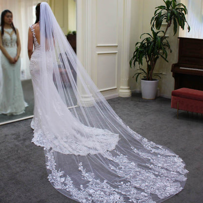 Floral Lace Cathedral Veil for Bride Viniodress V688-Bridal Veil 2025 -Viniodress-Ivory-