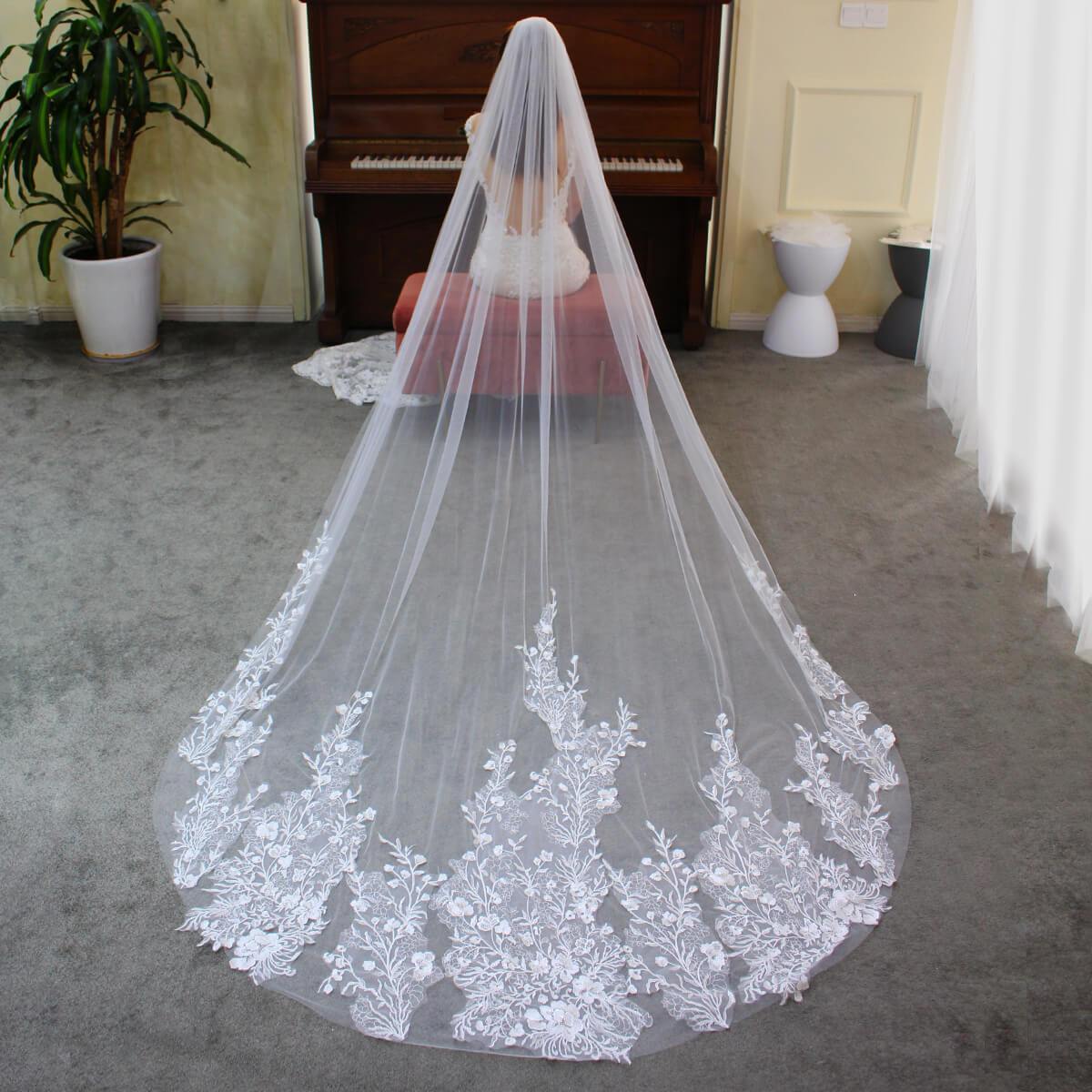 Floral Lace Cathedral Veil for Bride Viniodress V688-Bridal Veil 2025 -Viniodress-Ivory-