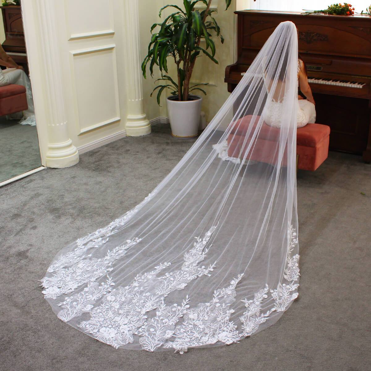 Floral Lace Cathedral Veil for Bride Viniodress V688-Bridal Veil 2025 -Viniodress-Ivory-
