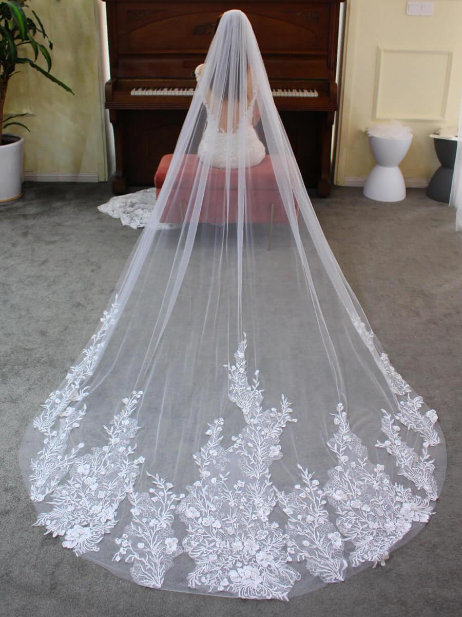 Floral Lace Cathedral Veil for Bride Viniodress V688-Bridal Veil 2025 -Viniodress-Ivory-