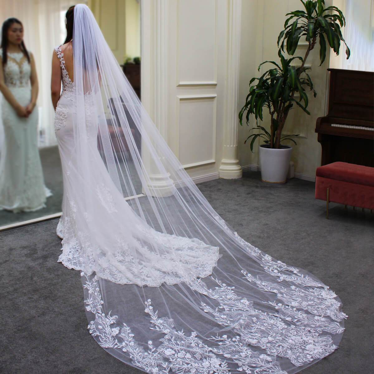 Floral Lace Cathedral Veil for Bride Viniodress V688-Veils-Viniodress-Ivory-Viniodress