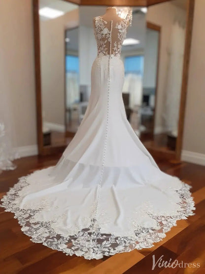 Floral Lace Crepe Mermaid Wedding Dress with Sheer Back and Embroidered Train – VW2541-wedding dresses 2025 -Viniodress-Ivory-Custom Size-