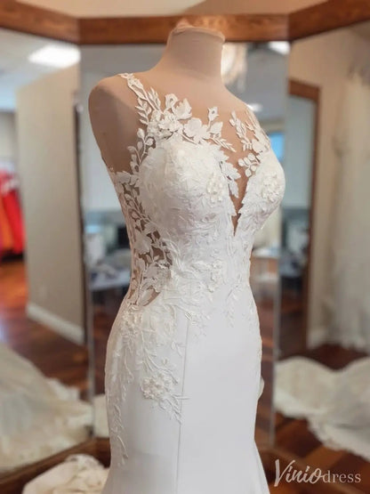 Floral Lace Crepe Mermaid Wedding Dress with Sheer Back and Embroidered Train – VW2541-wedding dresses 2025 -Viniodress-Ivory-Custom Size-