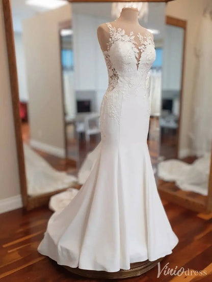 Floral Lace Crepe Mermaid Wedding Dress with Sheer Back and Embroidered Train – VW2541-wedding dresses 2025 -Viniodress-Ivory-Custom Size-
