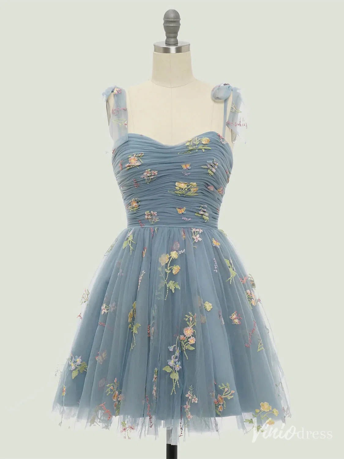 Floral Lace Homecoming Dresses Bow-Tie Spaghetti Strap Short Prom Dress FD4080S-prom dresses 2025 -Viniodress-Dusty Blue-Custom Size-
