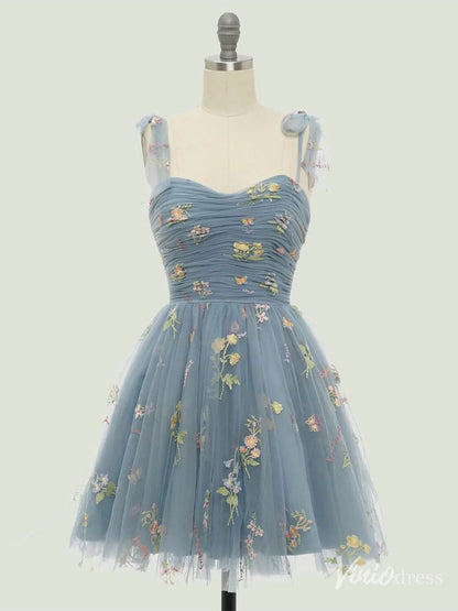 Floral Lace Homecoming Dresses Bow-Tie Spaghetti Strap Short Prom Dress FD4080S-prom dresses 2025 -Viniodress-Dusty Blue-Custom Size-