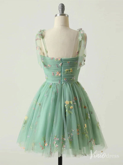 Floral Lace Homecoming Dresses Bow-Tie Spaghetti Strap Short Prom Dress FD4080S-prom dresses 2025 -Viniodress-Green-Custom Size-