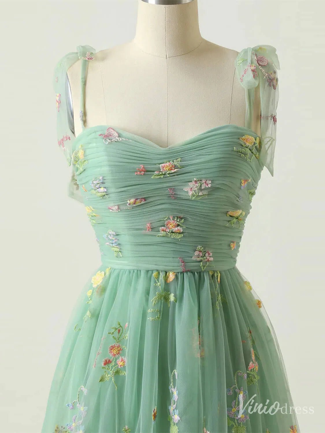 Floral Lace Homecoming Dresses Bow-Tie Spaghetti Strap Short Prom Dress FD4080S-prom dresses 2025 -Viniodress-Green-Custom Size-
