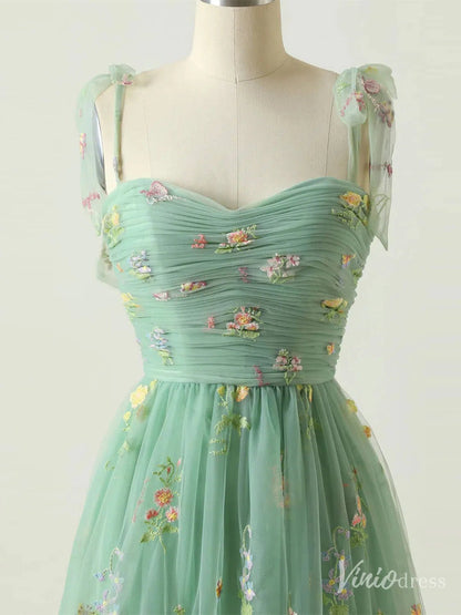 Floral Lace Homecoming Dresses Bow-Tie Spaghetti Strap Short Prom Dress FD4080S-prom dresses 2025 -Viniodress-Green-Custom Size-