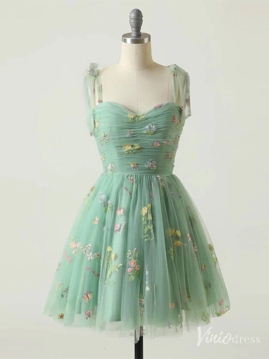 Floral Lace Homecoming Dresses Bow-Tie Spaghetti Strap Short Prom Dress FD4080S-prom dresses 2025 -Viniodress-Green-Custom Size-