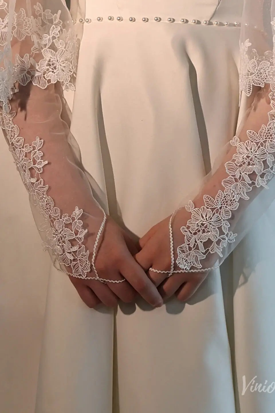 Floral Lace Illusion Bridal Sleeves with Finger Loop Elbow Bridal Gloves WG210-Bridal Gloves 2026-Viniodress-Ivory-