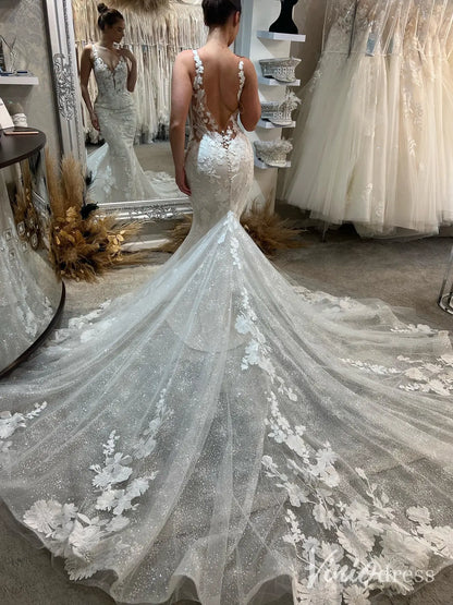 Floral Lace Mermaid Wedding Dress with Illusion Bodice, Plunging V-Neck & Chapel Train – ML114-wedding dresses 2025 -Viniodress-Ivory-Custom Size-