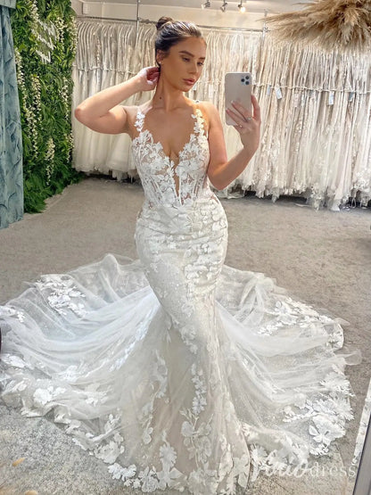 Floral Lace Mermaid Wedding Dress with Illusion Bodice, Plunging V-Neck & Chapel Train – ML114-wedding dresses 2025 -Viniodress-Ivory-Custom Size-