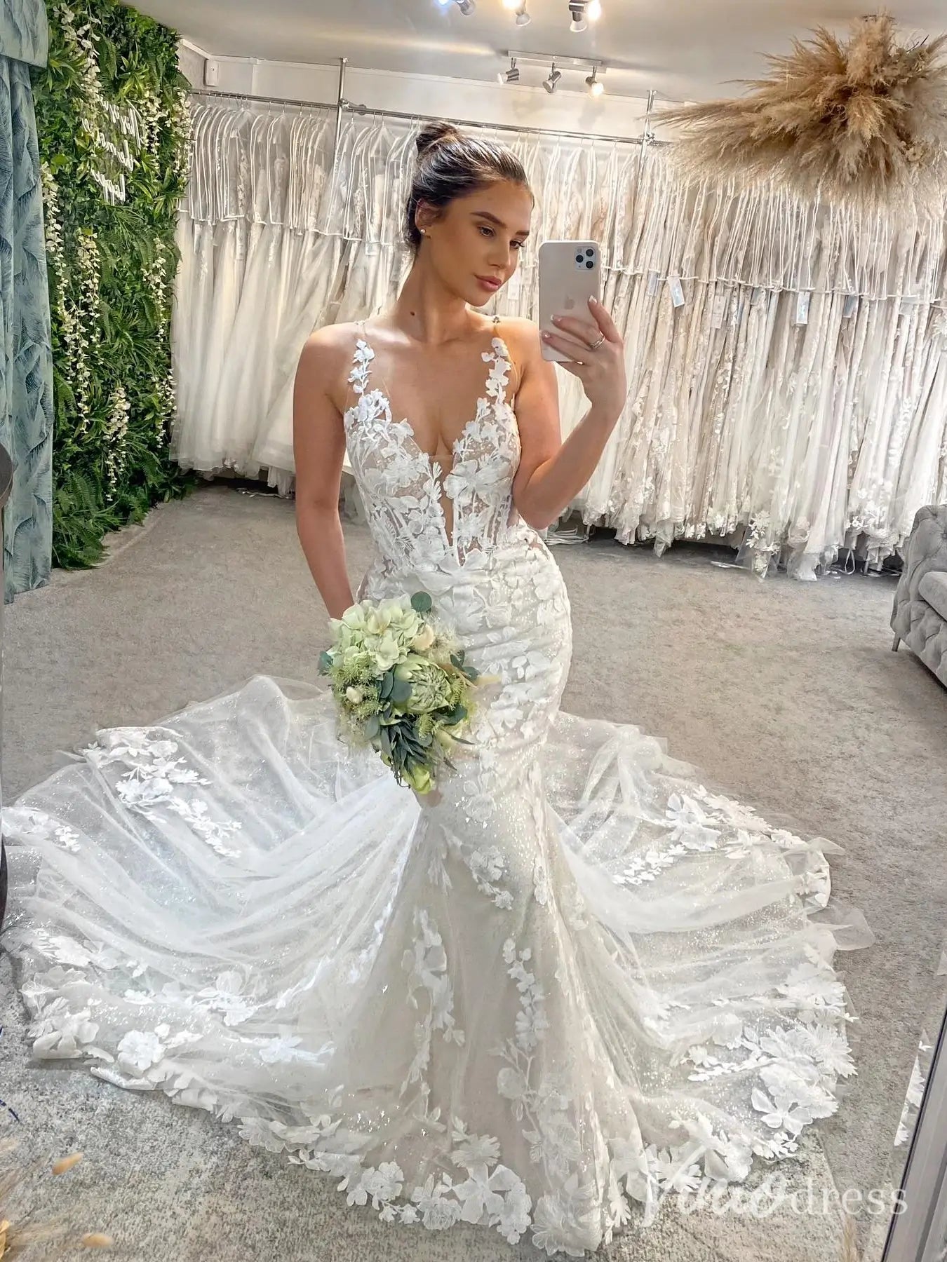 Floral Lace Mermaid Wedding Dress with Illusion Bodice, Plunging V-Neck & Chapel Train – ML114-wedding dresses 2025 -Viniodress-Ivory-Custom Size-