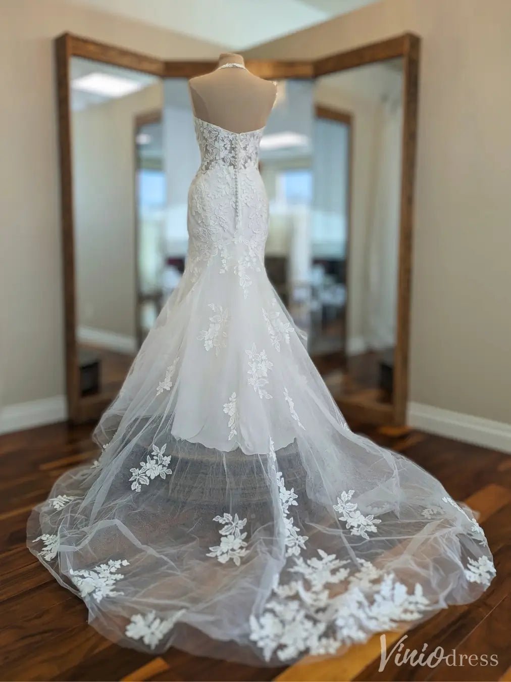 Floral Lace Mermaid Wedding Dress with Illusion Halter Neck & Tulle Train – VW2534-wedding dresses 2025 -Viniodress-White-Custom Size-