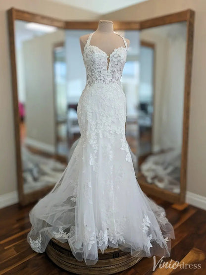Floral Lace Mermaid Wedding Dress with Illusion Halter Neck & Tulle Train – VW2534-wedding dresses 2025 -Viniodress-White-Custom Size-