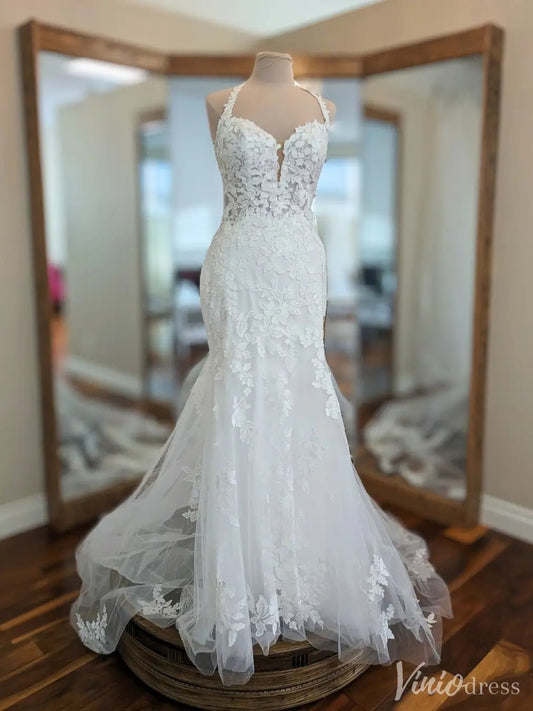 Floral Lace Mermaid Wedding Dress with Illusion Halter Neck & Tulle Train – VW2534-wedding dresses 2025 -Viniodress-White-Custom Size-