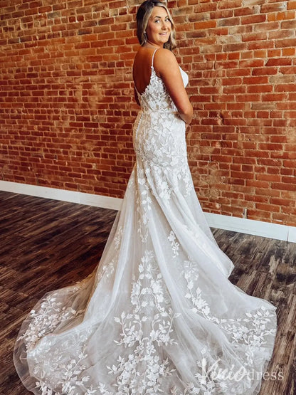 Floral Lace Plus Size Mermaid Wedding Dress with Spaghetti Straps and Chapel Train – ML143-wedding dresses 2025 -Viniodress-Ivory-Custom Size-