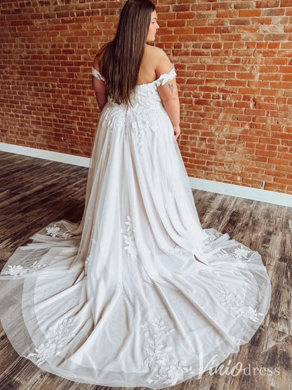 Floral Lace Plus Size Wedding Dress with Off-Shoulder Straps and Chapel Train – LA122-wedding dresses 2025 -Viniodress-Ivory-Custom Size-