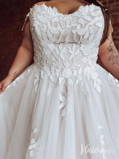 Floral Lace Plus Size Wedding Dress with Off-Shoulder Straps and Chapel Train – LA122-wedding dresses 2025 -Viniodress-Ivory-Custom Size-