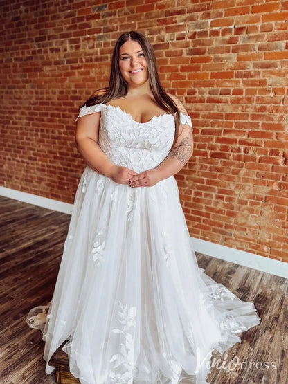 Floral Lace Plus Size Wedding Dress with Off-Shoulder Straps and Chapel Train – LA122-wedding dresses 2025 -Viniodress-Ivory-Custom Size-