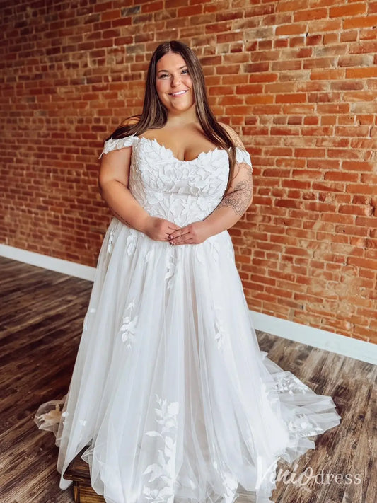 Floral Lace Plus Size Wedding Dress with Off-Shoulder Straps and Chapel Train – LA122-wedding dresses 2025 -Viniodress-Ivory-Custom Size-