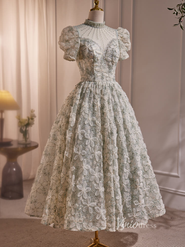 Floral Lace Prom Dresses 2024 Tea Length Puff Sleeve Cocktail Dress BJ005-prom dresses 2025 -Viniodress-Light Green-Custom Size-