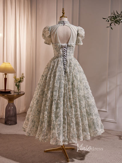 Floral Lace Prom Dresses 2024 Tea Length Puff Sleeve Cocktail Dress BJ005-prom dresses 2025 -Viniodress-Light Green-Custom Size-