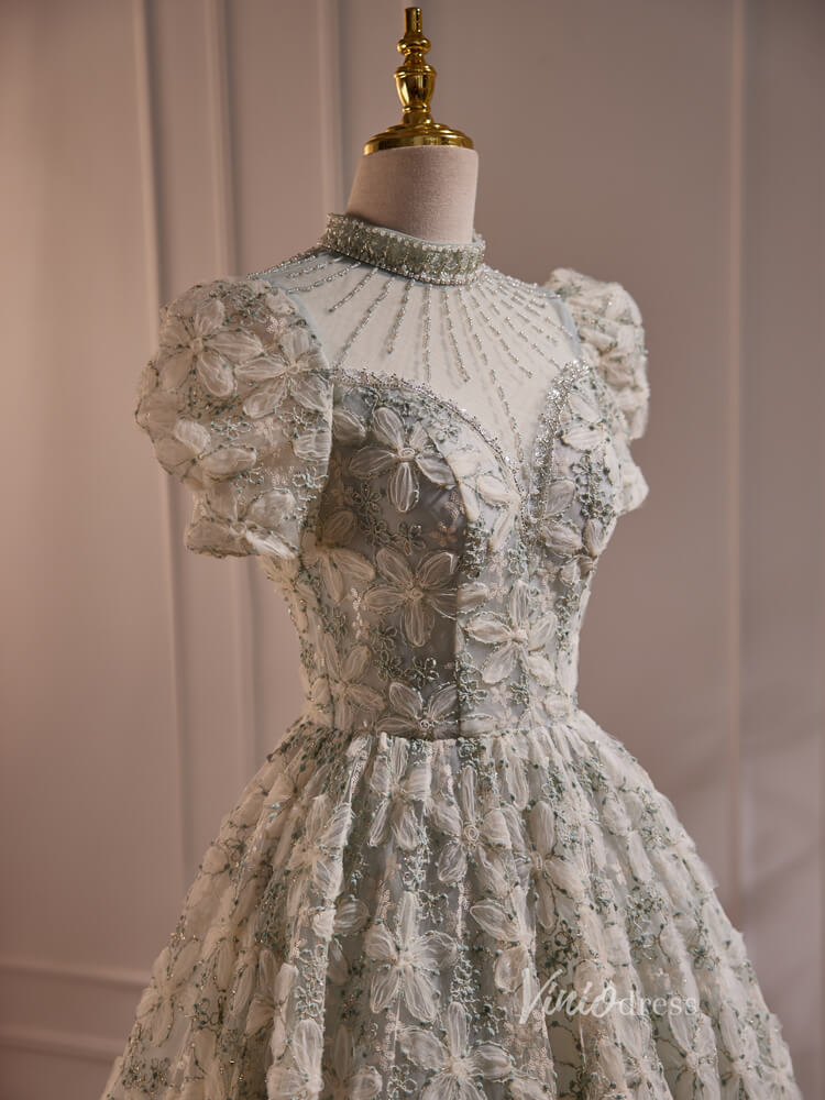 Floral Lace Prom Dresses 2024 Tea Length Puff Sleeve Cocktail Dress BJ005-prom dresses-Viniodress-Viniodress