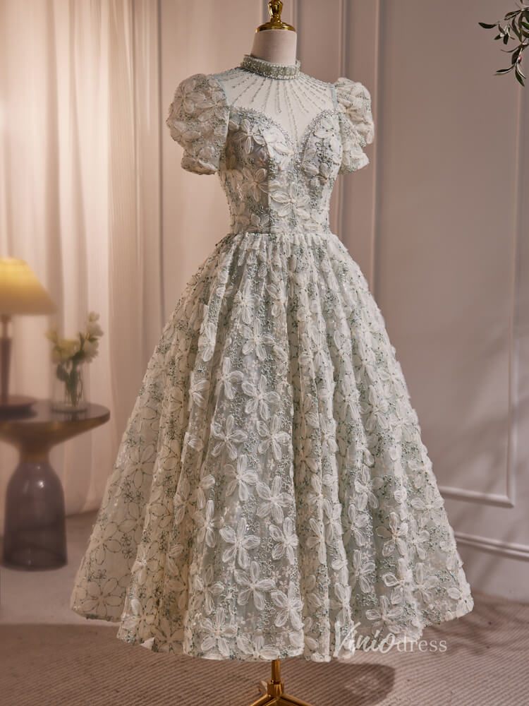 Floral Lace Prom Dresses 2024 Tea Length Puff Sleeve Cocktail Dress BJ005 - Viniodressprom dressesLight GreenCustom Size - Formal Dresses - Ball Gowns