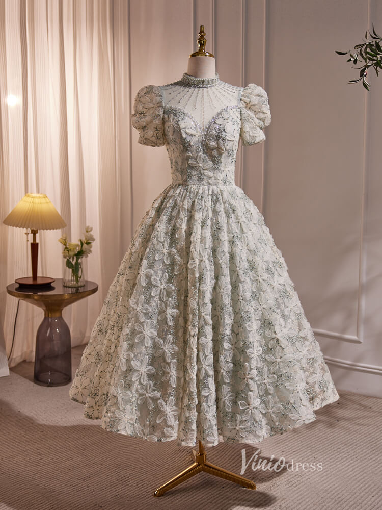 Floral Lace Prom Dresses 2024 Tea Length Puff Sleeve Cocktail Dress BJ005-prom dresses-Viniodress-Light Green-Custom Size-Viniodress