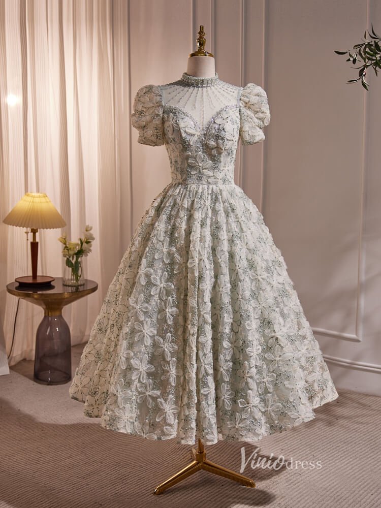 Floral Lace Prom Dresses 2024 Tea Length Puff Sleeve Cocktail Dress BJ005 - Viniodressprom dressesLight GreenCustom Size - Formal Dresses - Ball Gowns