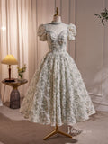 Floral Lace Prom Dresses 2024 Tea Length Puff Sleeve Cocktail Dress BJ005